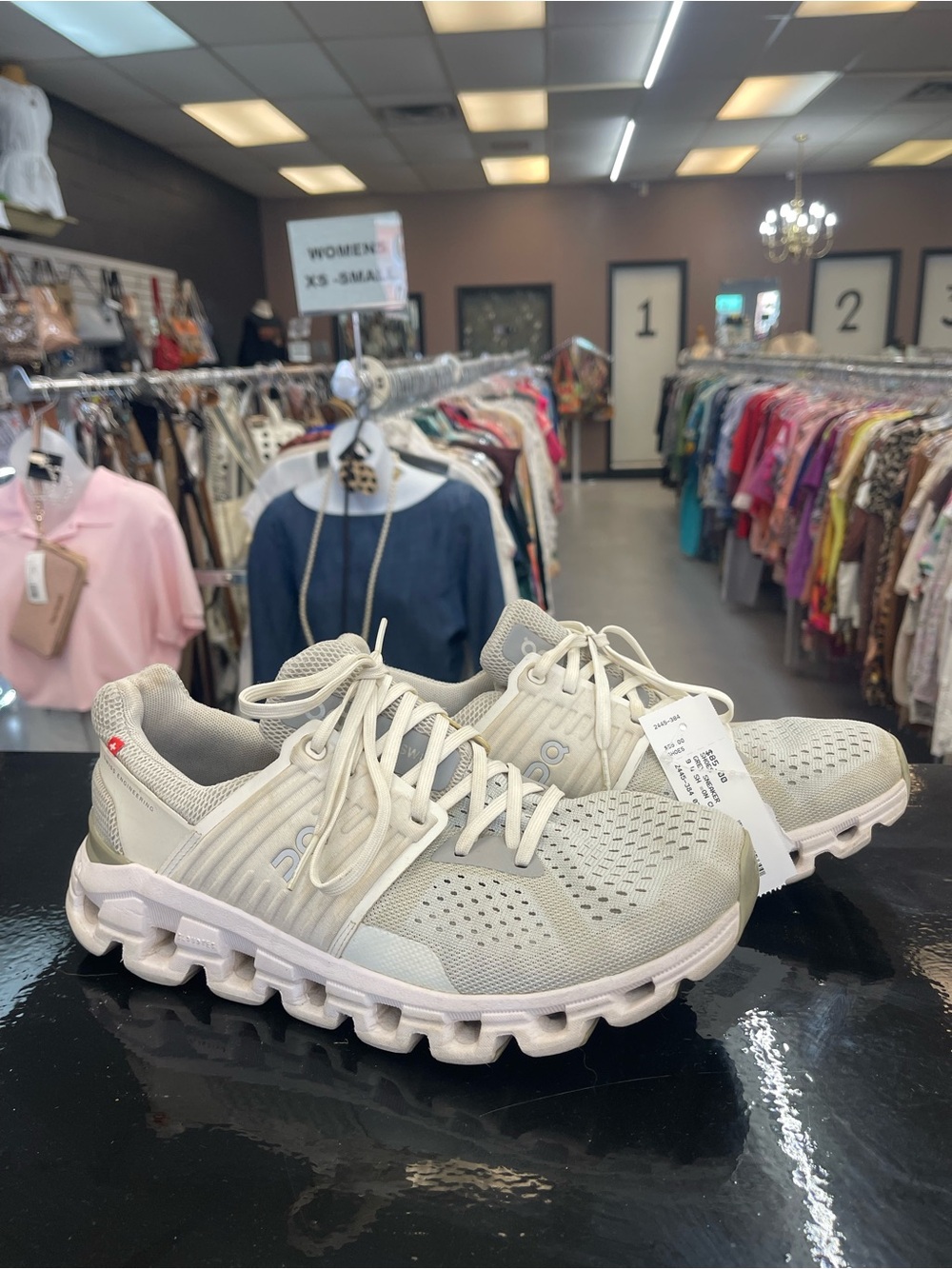 On Running Cloud Women's Light Gray and White Running Shoes with Gold Trim